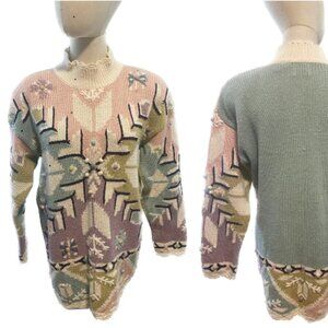 80s COTTAGECORE COTTON PASTEL BULKY KNIT MOCK NECK BAGGY TUNIC SWEATER SZ S